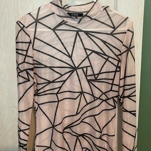 Asymmetrical pink & black long sleeve mesh top